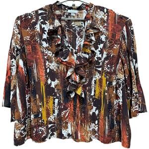 Dressbarn Women Blouse Plus 3X Brown Ruffled Abstract Long Sleeve All Over Print